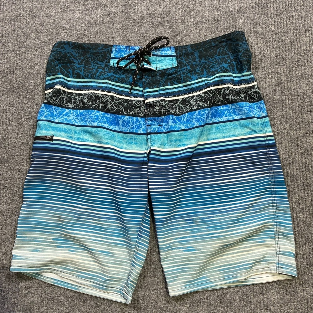 Distortion Mens Board Shorts Size Large Blue Striped Pull On Drawstring
